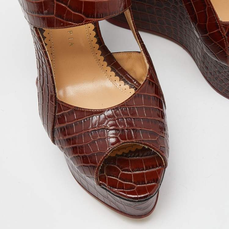 Pre Owned Charlotte Olympia Brown Croc Embossed Leather Ankle Strap Wedge Sandals Size 39