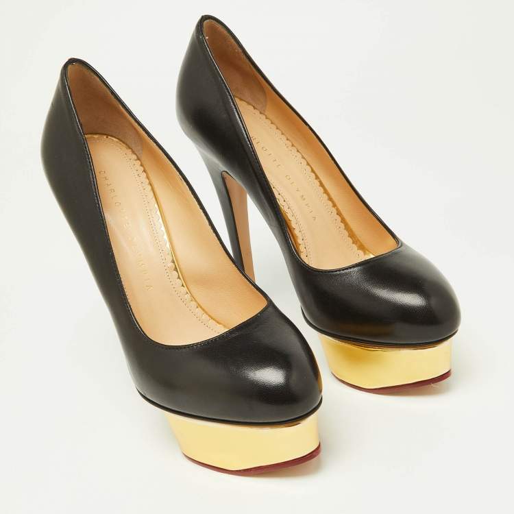 Pre Owned Charlotte Olympia Black Leather Dolly Platform Pumps Size 37