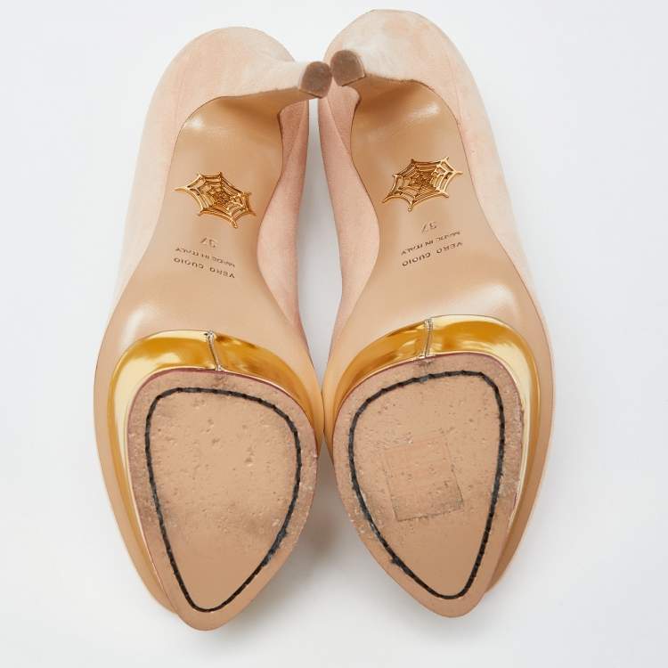 Pre Owned Charlotte Olympia Beige Leather Dolly Platform Pumps Size 37