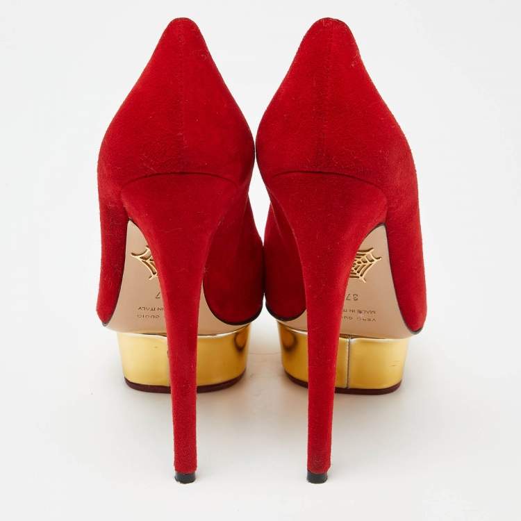 Pre Owned Charlotte Olympia Red Suede Dolly Platform Pumps Size 37