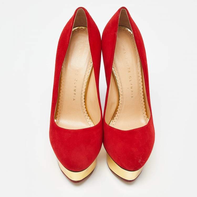 Pre Owned Charlotte Olympia Red Suede Dolly Platform Pumps Size 37