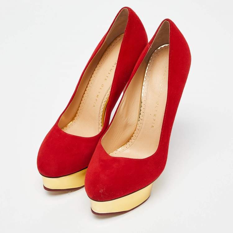 Pre Owned Charlotte Olympia Red Suede Dolly Platform Pumps Size 37