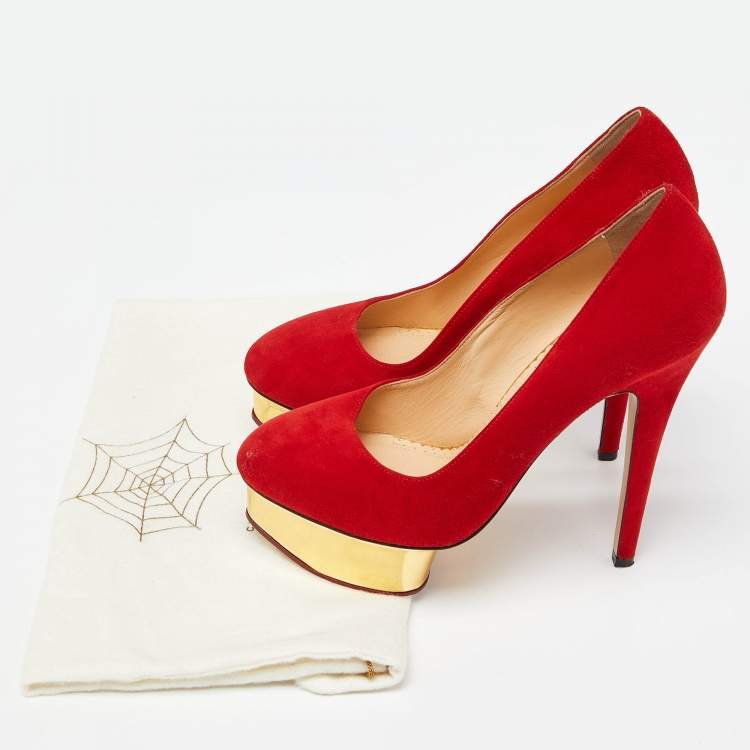 Pre Owned Charlotte Olympia Red Suede Dolly Platform Pumps Size 37