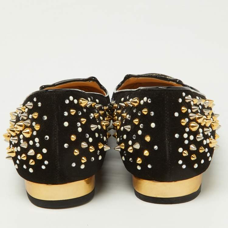 Pre Owned Charlotte Olympia Black Suede Kitty Spikes Ballet Flats Size 37.5