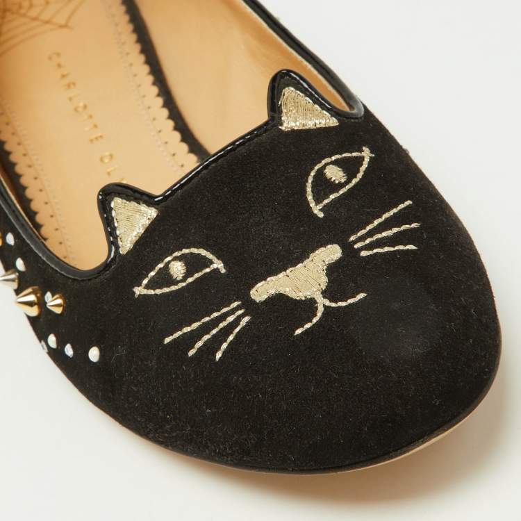 Pre Owned Charlotte Olympia Black Suede Kitty Spikes Ballet Flats Size 37.5