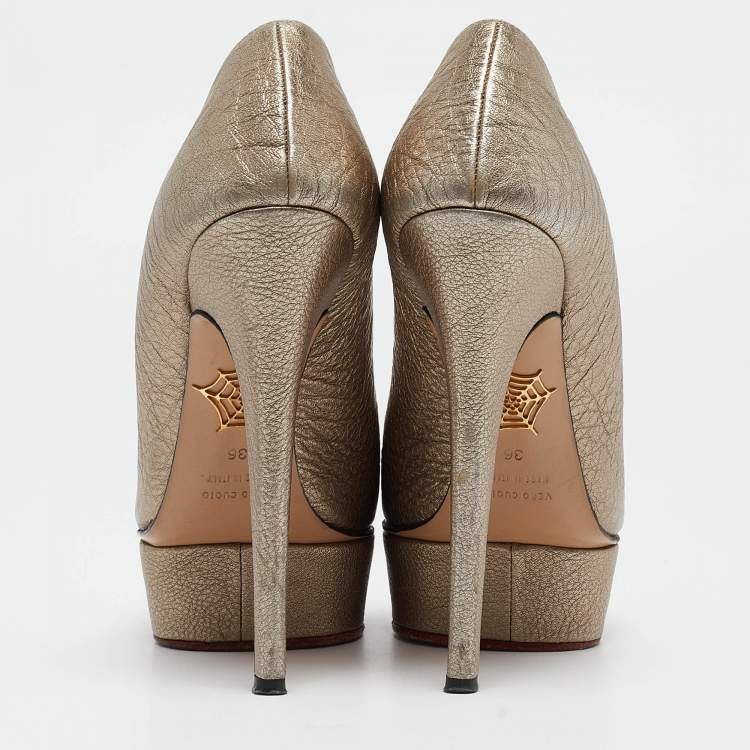 Pre Owned Charlotte Olympia Gold Leather Platform Pumps Size 36