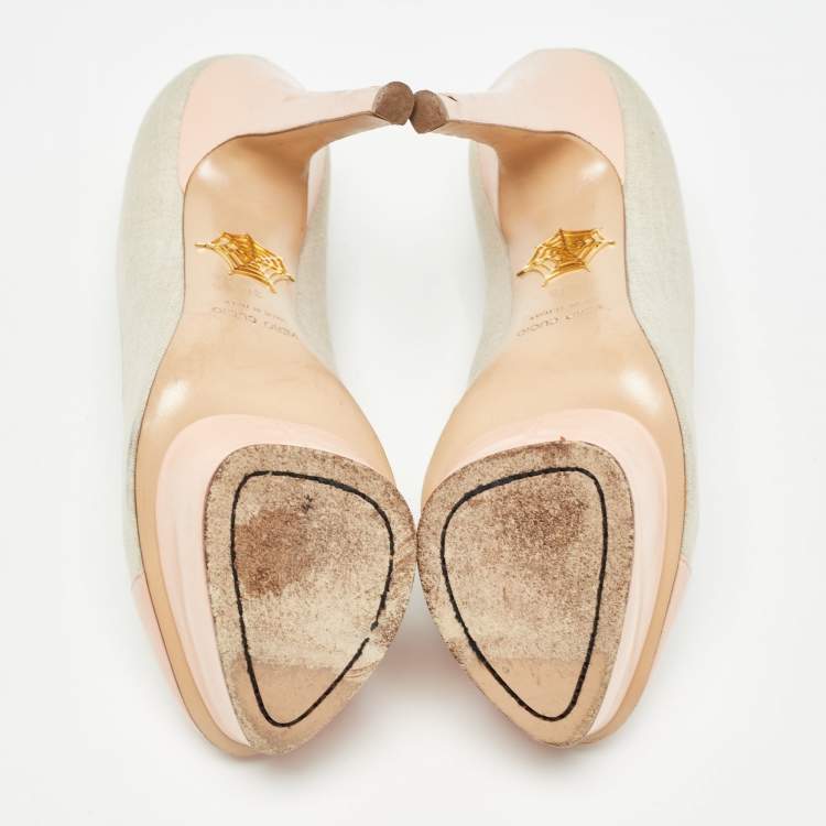 Pre Owned Charlotte Olympia Pink/Grey Canvas and Leather Dolly Pumps Size 36