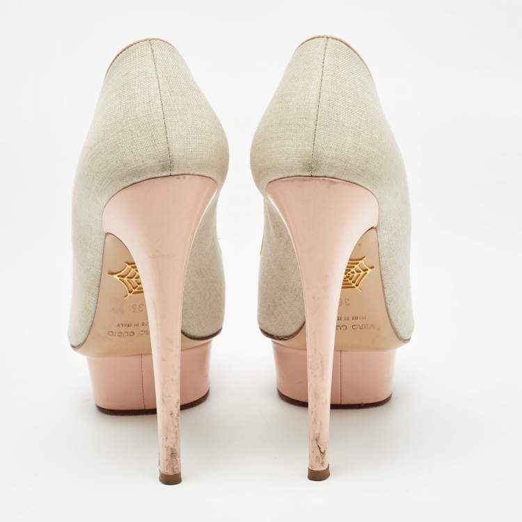 Pre Owned Charlotte Olympia Pink/Grey Canvas and Leather Dolly Pumps Size 36