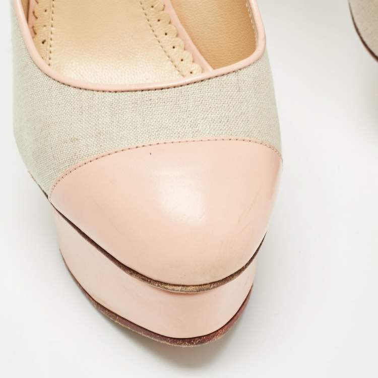 Pre Owned Charlotte Olympia Pink/Grey Canvas and Leather Dolly Pumps Size 36