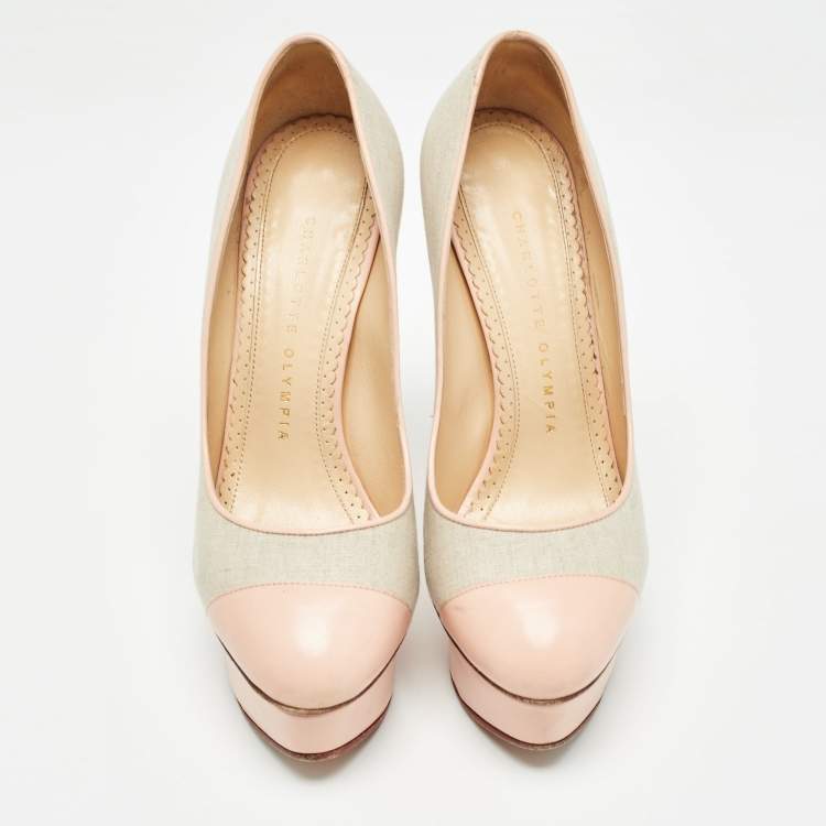 Pre Owned Charlotte Olympia Pink/Grey Canvas and Leather Dolly Pumps Size 36