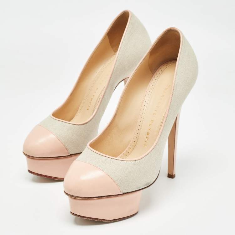 Pre Owned Charlotte Olympia Pink/Grey Canvas and Leather Dolly Pumps Size 36