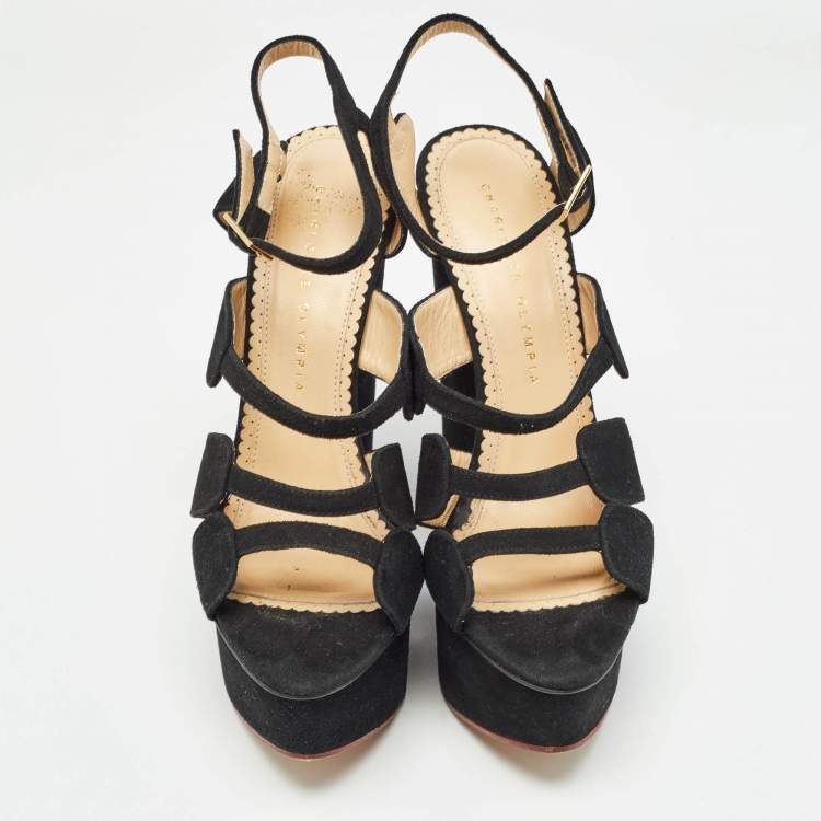 Pre Owned Charlotte Olympia Black Suede Platform Wedge Strappy Sandals Size 39