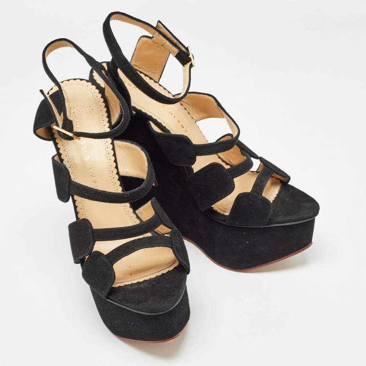 Pre Owned Charlotte Olympia Black Suede Platform Wedge Strappy Sandals Size 39