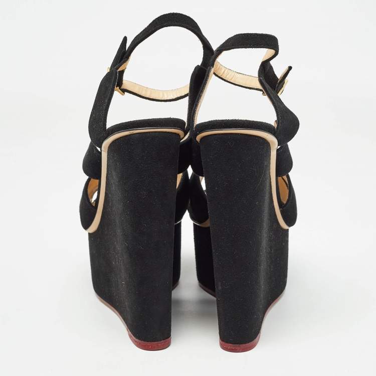 Pre Owned Charlotte Olympia Black Suede Platform Wedge Strappy Sandals Size 39
