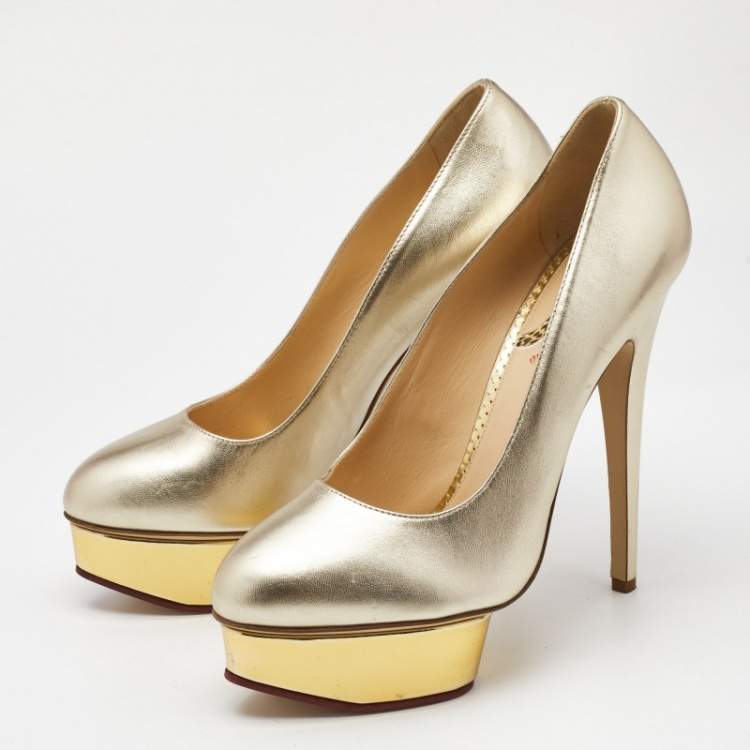 Pre Owned Charlotte Olympia Gold Leather Dolly Platform Pumps Size 40.5