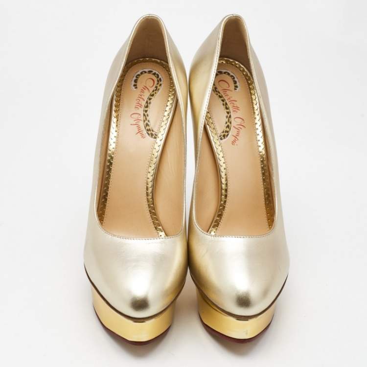 Pre Owned Charlotte Olympia Gold Leather Dolly Platform Pumps Size 40.5