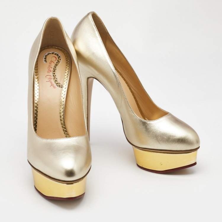 Pre Owned Charlotte Olympia Gold Leather Dolly Platform Pumps Size 40.5