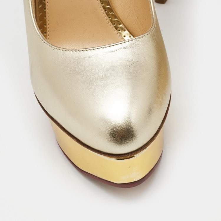 Pre Owned Charlotte Olympia Gold Leather Dolly Platform Pumps Size 40.5