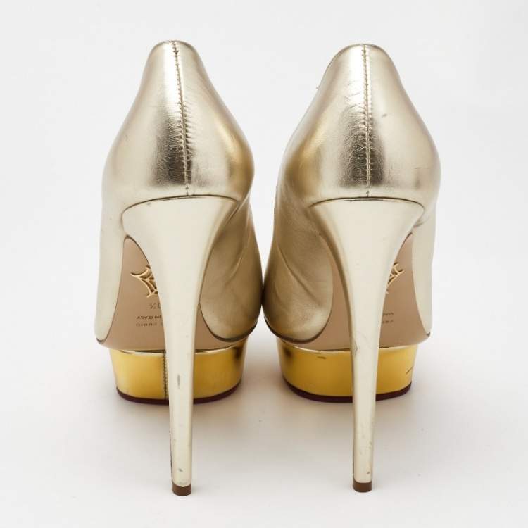 Pre Owned Charlotte Olympia Gold Leather Dolly Platform Pumps Size 40.5