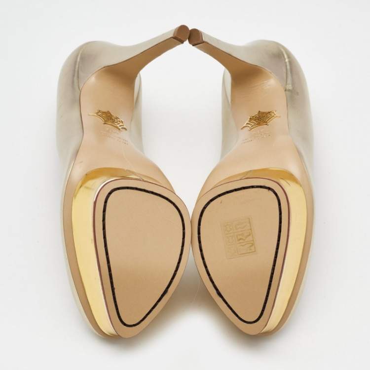 Pre Owned Charlotte Olympia Gold Leather Dolly Platform Pumps Size 40.5