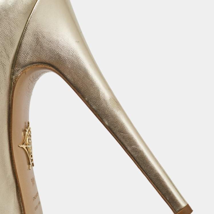 Pre Owned Charlotte Olympia Gold Leather Dolly Platform Pumps Size 40.5