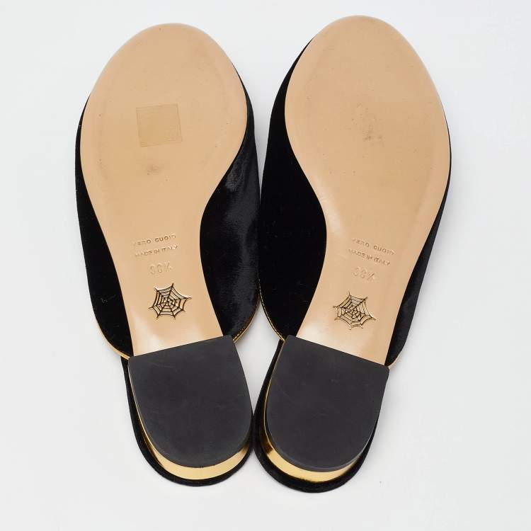 مملوكة مسبقًا Charlotte Olympia Black Velvet Kitty Slip On Flat Mules Size 38.5