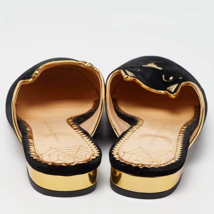 مملوكة مسبقًا Charlotte Olympia Black Velvet Kitty Slip On Flat Mules Size 38.5