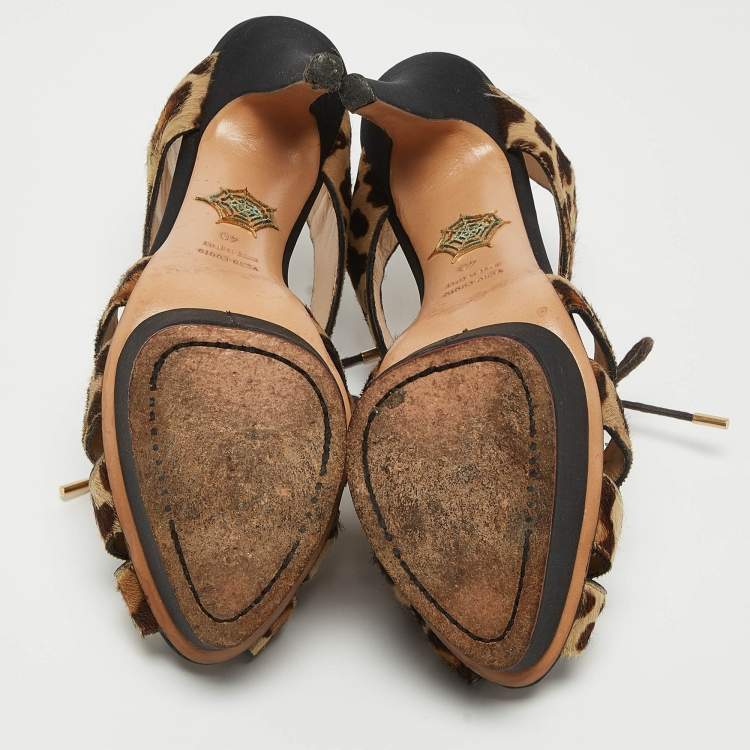 Pre Owned Charlotte Olympia Beige/Brown Leopard Calf hair Lace Up Platform Sandals Size 40