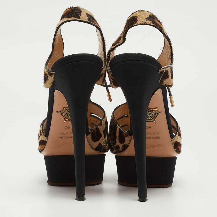 Pre Owned Charlotte Olympia Beige/Brown Leopard Calf hair Lace Up Platform Sandals Size 40