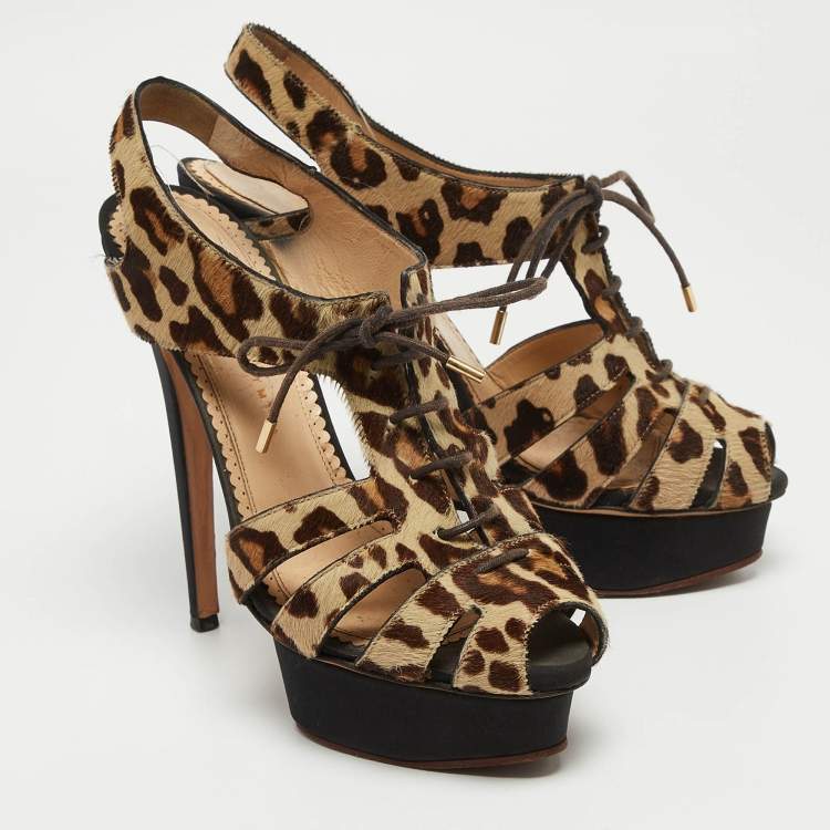 Pre Owned Charlotte Olympia Beige/Brown Leopard Calf hair Lace Up Platform Sandals Size 40