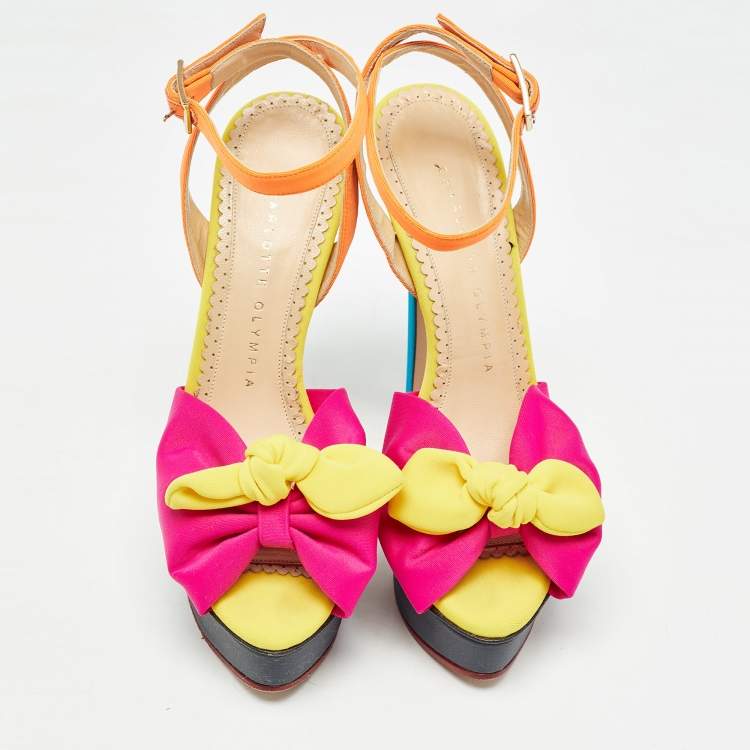 Pre Owned Charlotte Olympia Multicolor Fabric Serena Bow Platform Ankle Strap Sandals Size 35