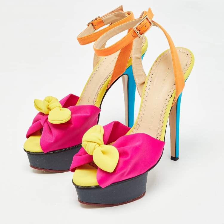 Pre Owned Charlotte Olympia Multicolor Fabric Serena Bow Platform Ankle Strap Sandals Size 35