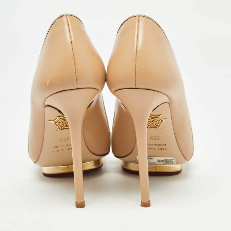 Pre Owned Charlotte Olympia Beige Leather Christine Pumps Size 36.5