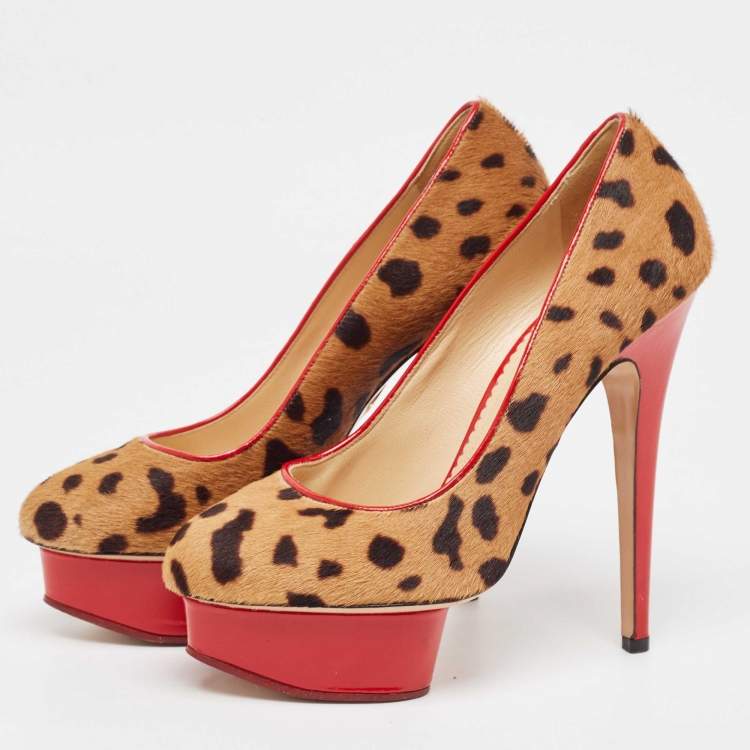 Pre Owned Charlotte Olympia Brown/Beige Leopard Print Calf Hair Dolly Pumps Size 38