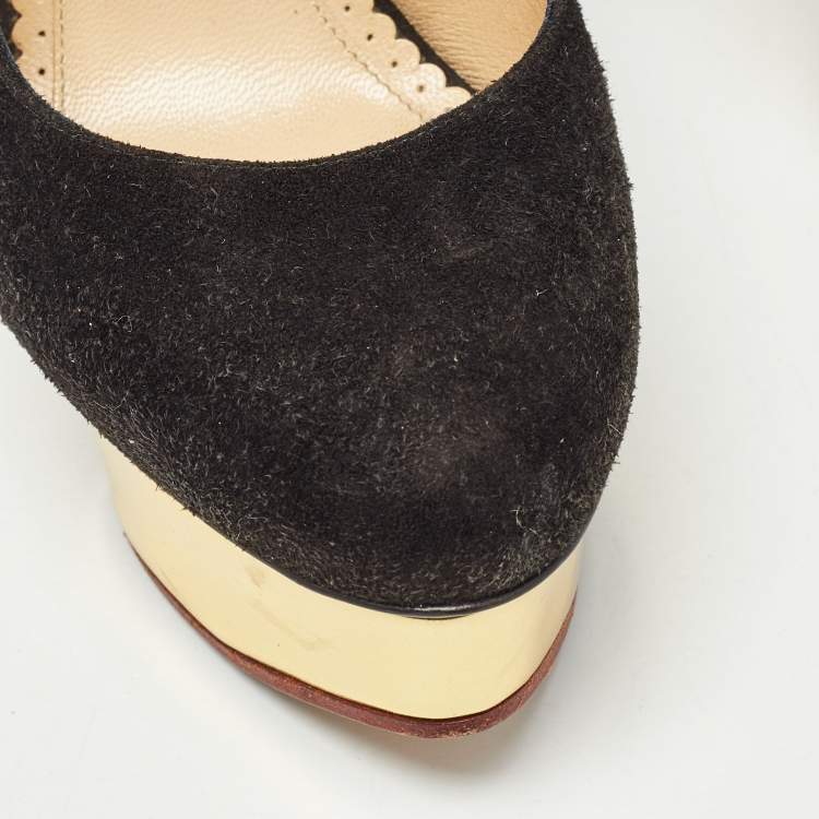 Pre Owned Charlotte Olympia Black Suede Dolly Pumps Size 36.5