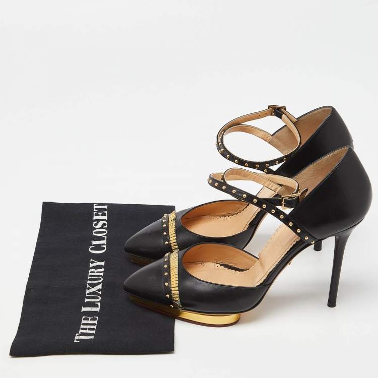 Pre Owned Charlotte Olympia Black Leather Studded Pointed Toe Ankle Strap Pumps Size 39