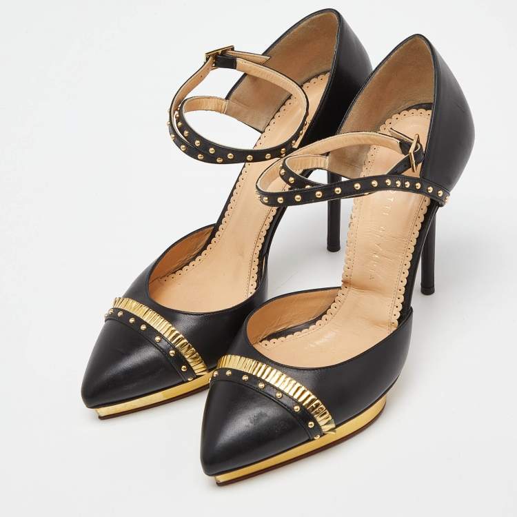 Pre Owned Charlotte Olympia Black Leather Studded Pointed Toe Ankle Strap Pumps Size 39