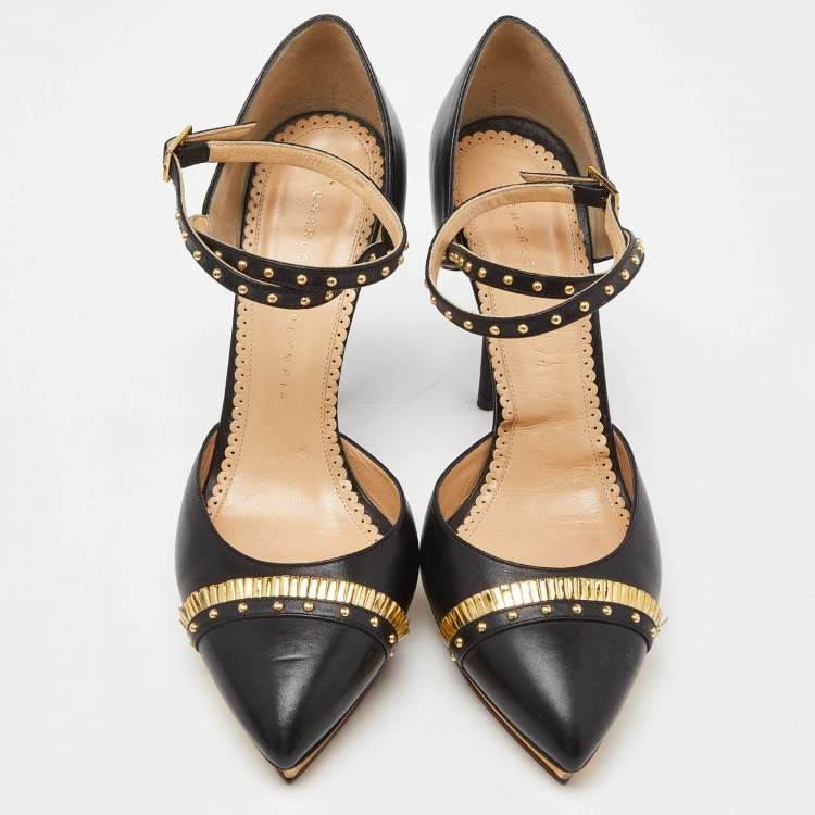 Pre Owned Charlotte Olympia Black Leather Studded Pointed Toe Ankle Strap Pumps Size 39