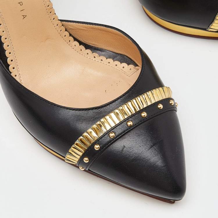 Pre Owned Charlotte Olympia Black Leather Studded Pointed Toe Ankle Strap Pumps Size 39