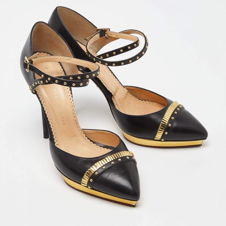 Pre Owned Charlotte Olympia Black Leather Studded Pointed Toe Ankle Strap Pumps Size 39