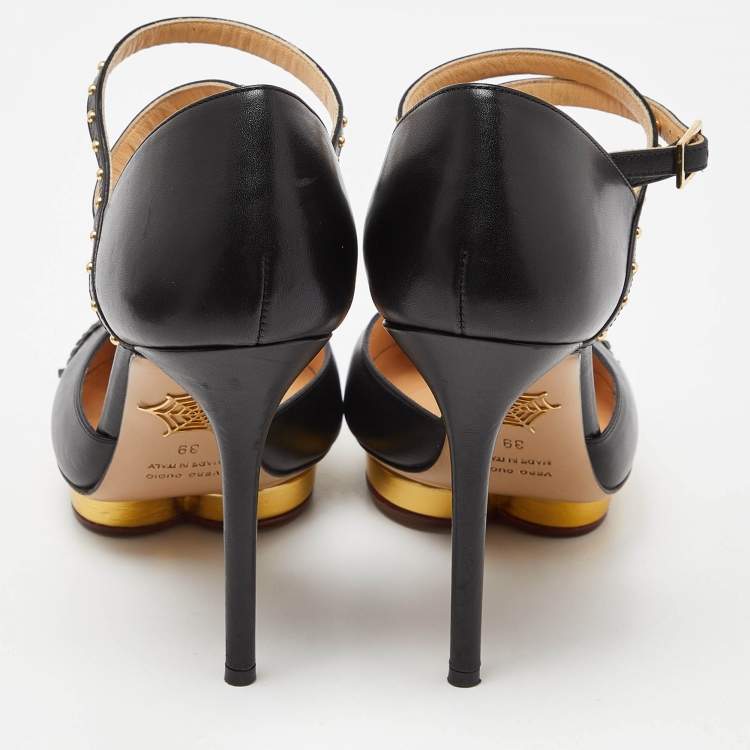 Pre Owned Charlotte Olympia Black Leather Studded Pointed Toe Ankle Strap Pumps Size 39