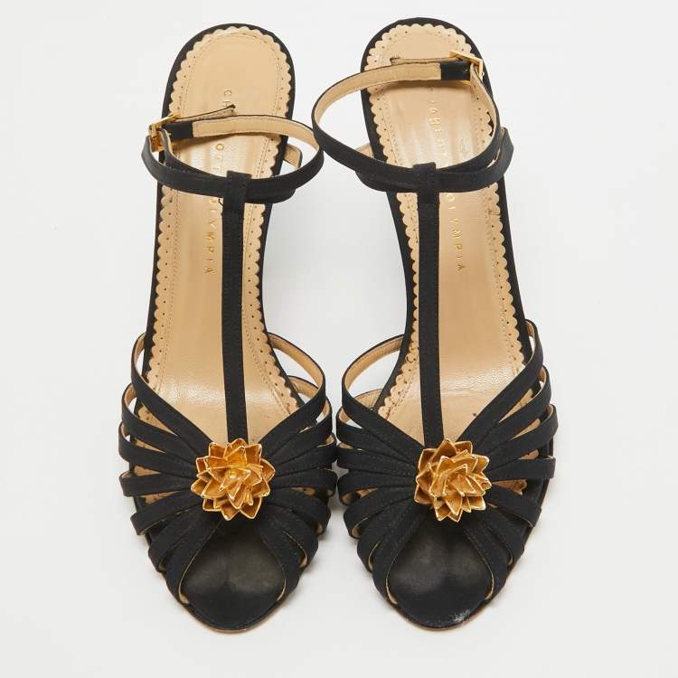 Pre Owned Charlotte Olympia Black Satin Flower Detail Ankle Strap Sandals Size 40