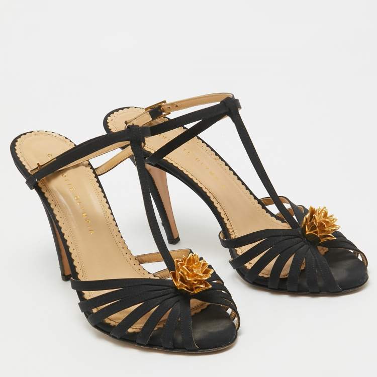 Pre Owned Charlotte Olympia Black Satin Flower Detail Ankle Strap Sandals Size 40