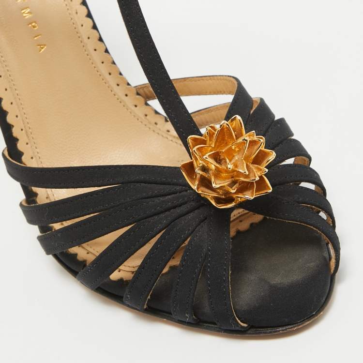 Pre Owned Charlotte Olympia Black Satin Flower Detail Ankle Strap Sandals Size 40