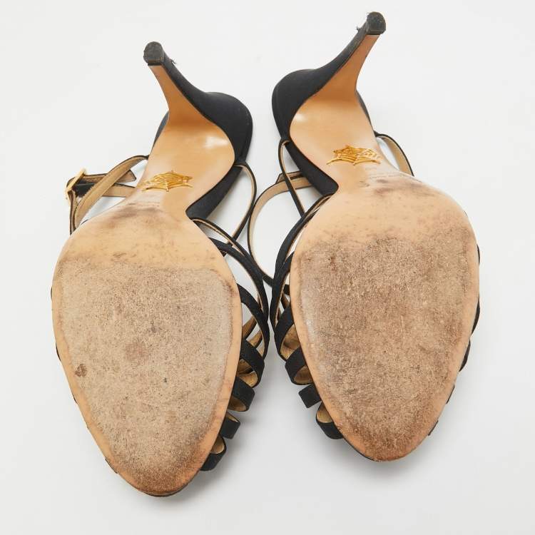 Pre Owned Charlotte Olympia Black Satin Flower Detail Ankle Strap Sandals Size 40