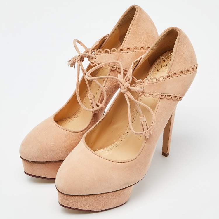 Pre Owned Charlotte Olympia Salmon Peach Suede Dolly Platform Pumps Size 38.5