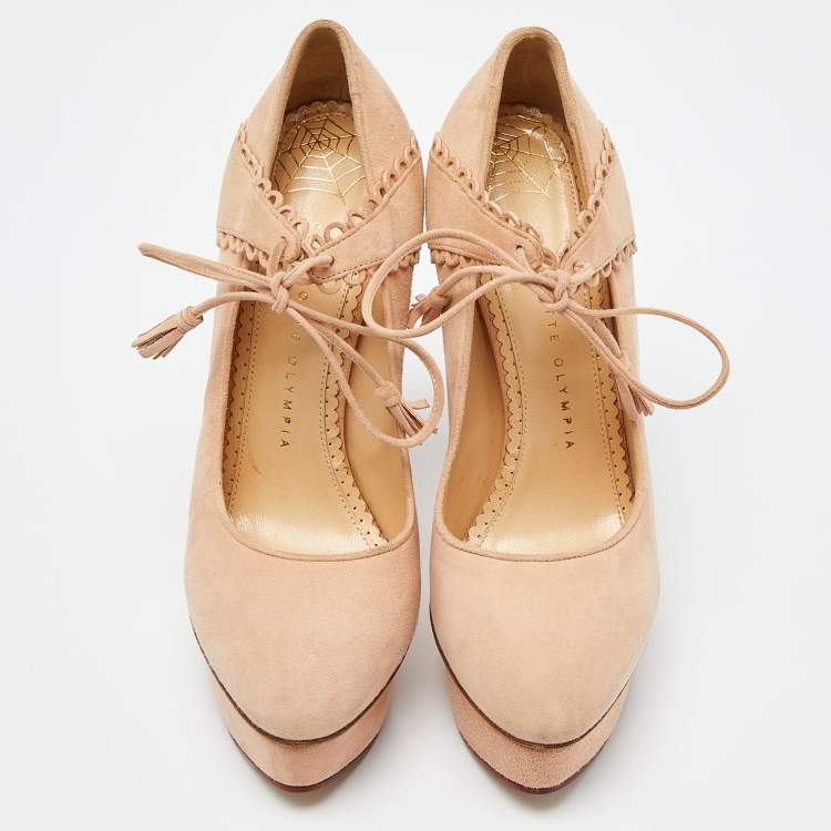 Pre Owned Charlotte Olympia Salmon Peach Suede Dolly Platform Pumps Size 38.5