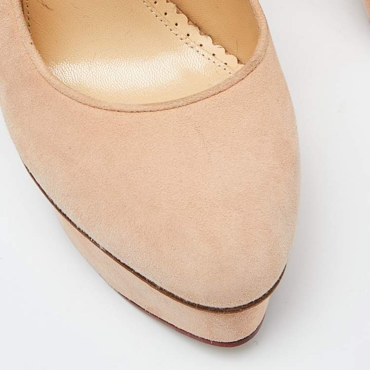 Pre Owned Charlotte Olympia Salmon Peach Suede Dolly Platform Pumps Size 38.5