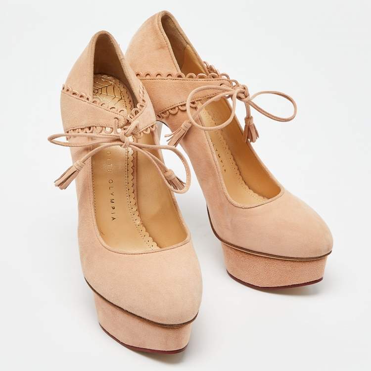 Pre Owned Charlotte Olympia Salmon Peach Suede Dolly Platform Pumps Size 38.5