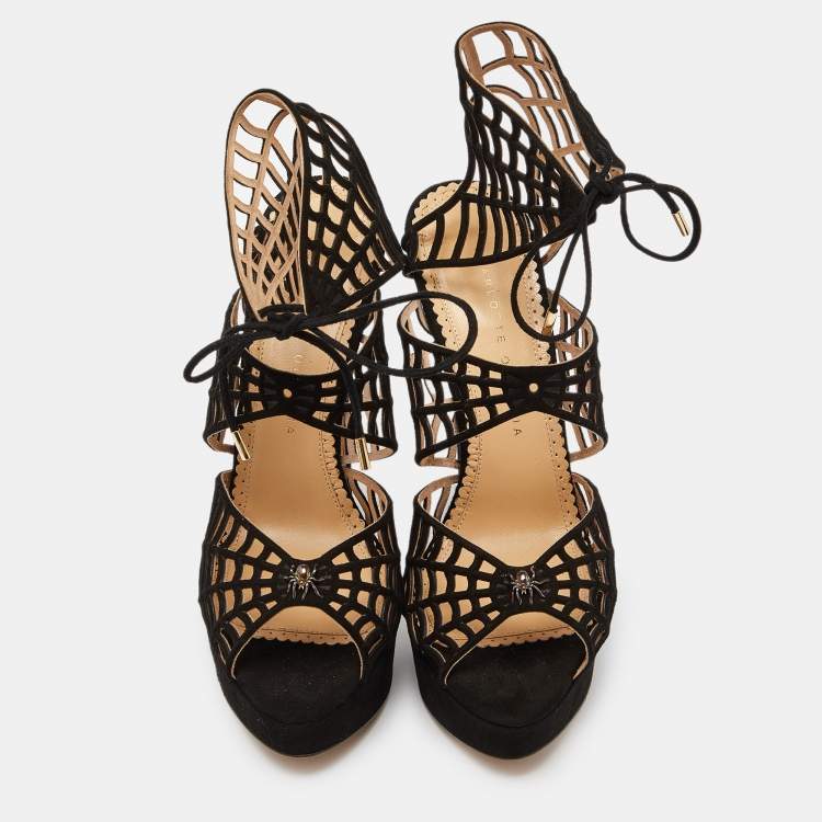 Pre Owned Charlotte Olympia Black Suede Ankle Strap Platform Sandals Size 39